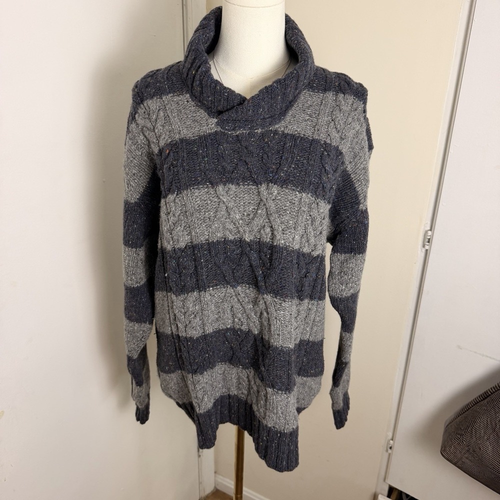 Irelands Eye Wool Cashmere Cable Knit Sweater Women 2XL Shawl Collar Gray Blue